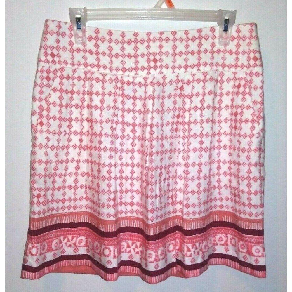 Ann Taylor Loft Skirt Sz 6 Geometric print LINEN BLEND Pleated Ivory Coral 30.5"